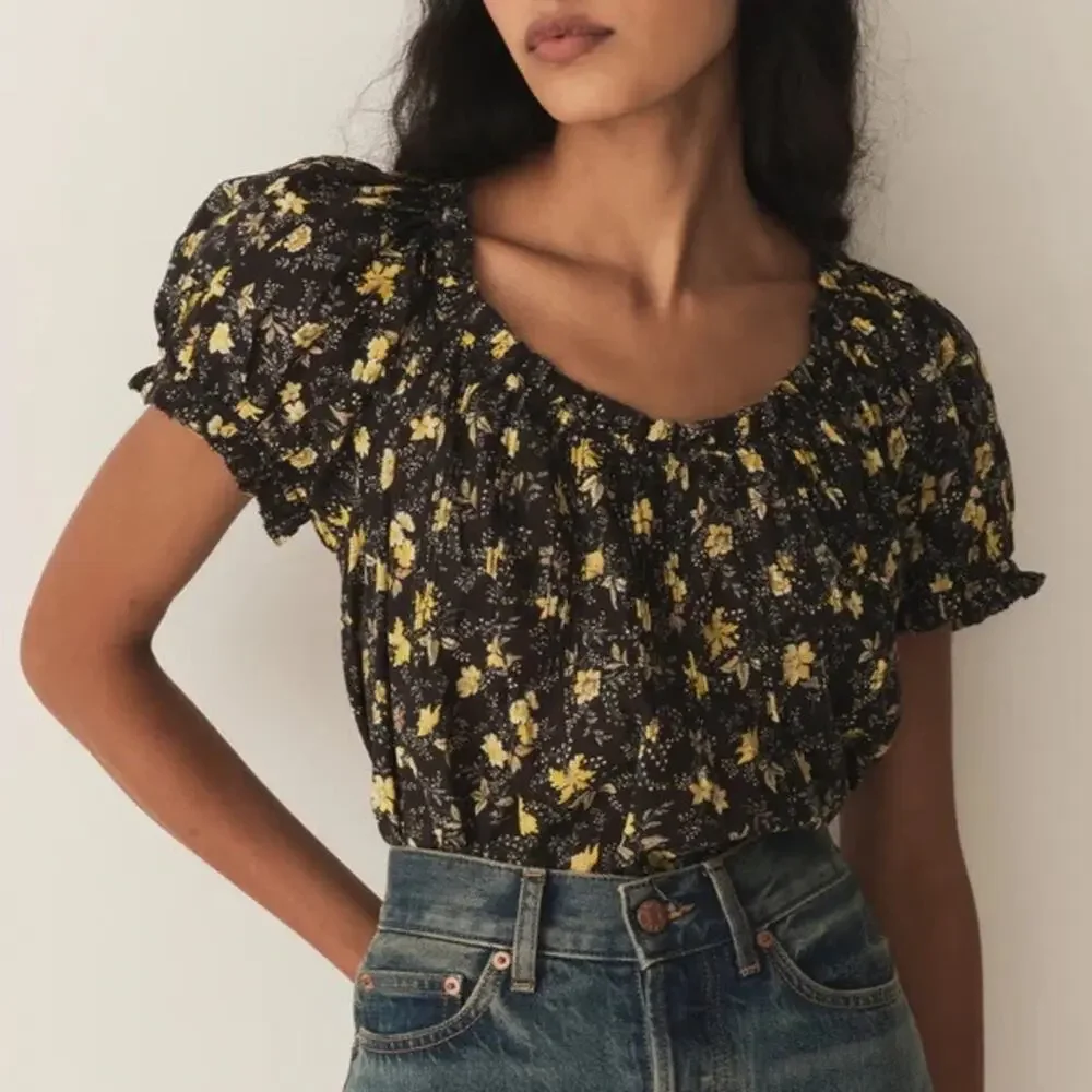 Doen Frederica Cotton Floral Puff Short Sleeve Blouse Top Winding Blossom